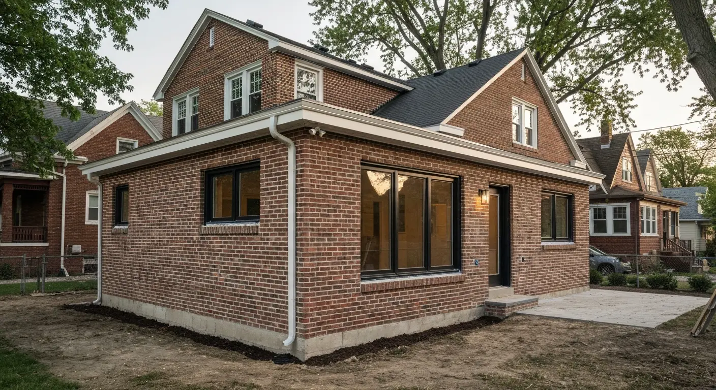 Home addition with new windows and brick construction