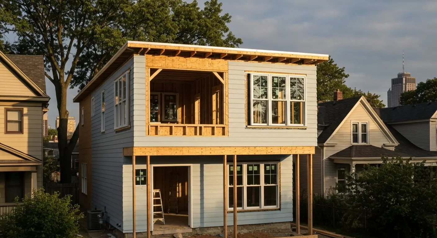 Home addition with large windows and new framing