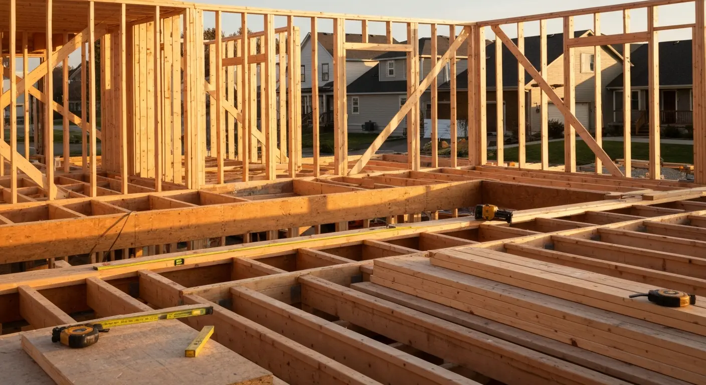 General construction site with framing and safety measures