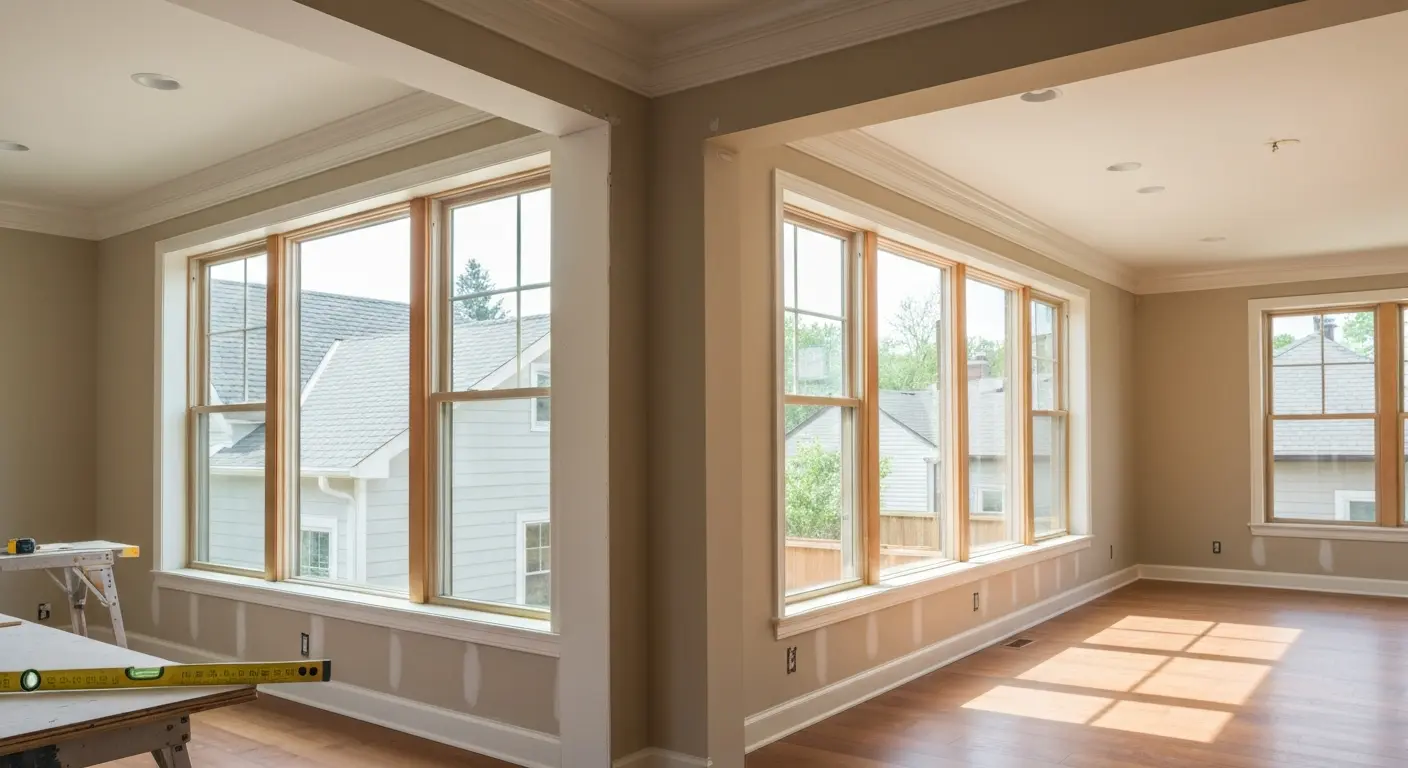 Sunlit room addition extending main living area with large windows