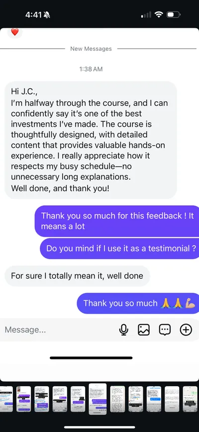 Student testimonial 3, direct message screenshot