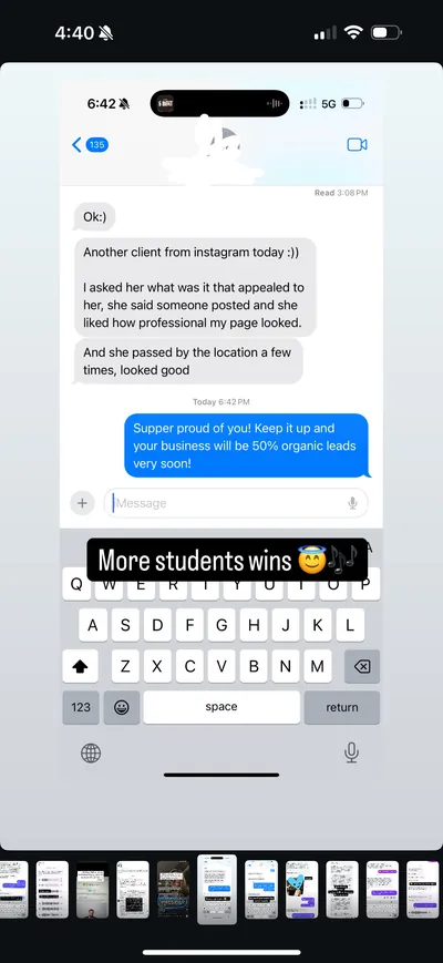 Student testimonial 2, direct message screenshot