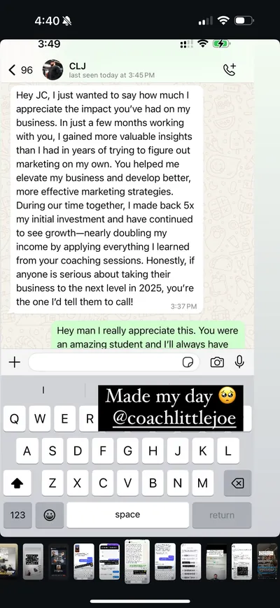 Student testimonial 5, direct message screenshot