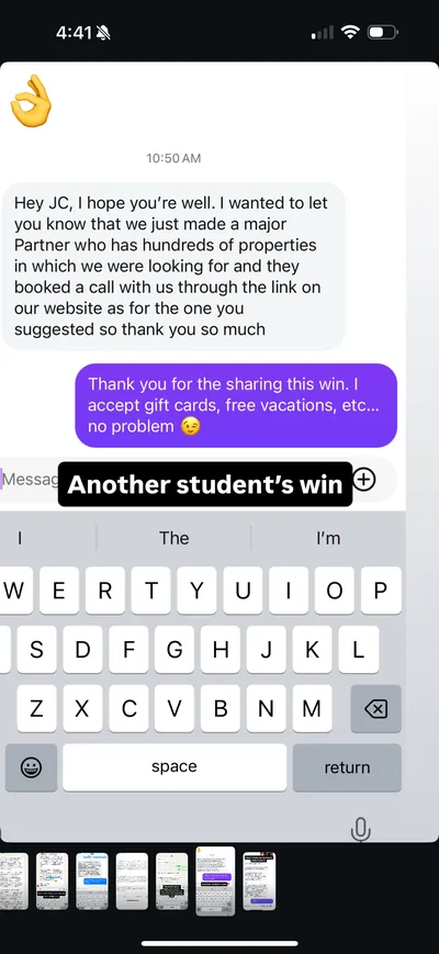 Student testimonial 1, direct message screenshot
