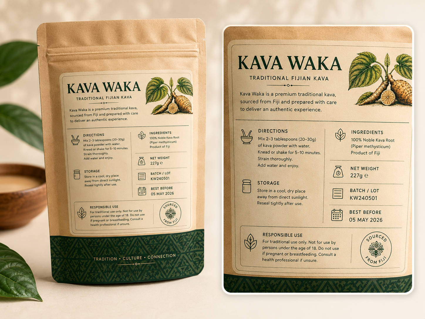 Kava Waka product label close-up with product details