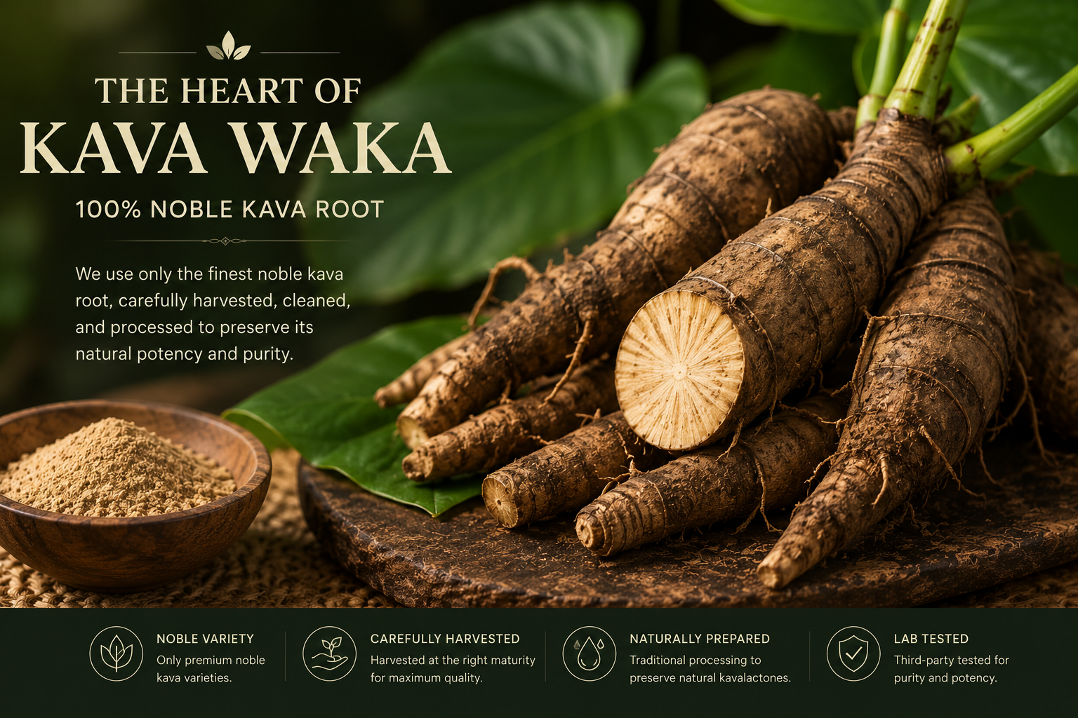 Close-up of kava root and powder
