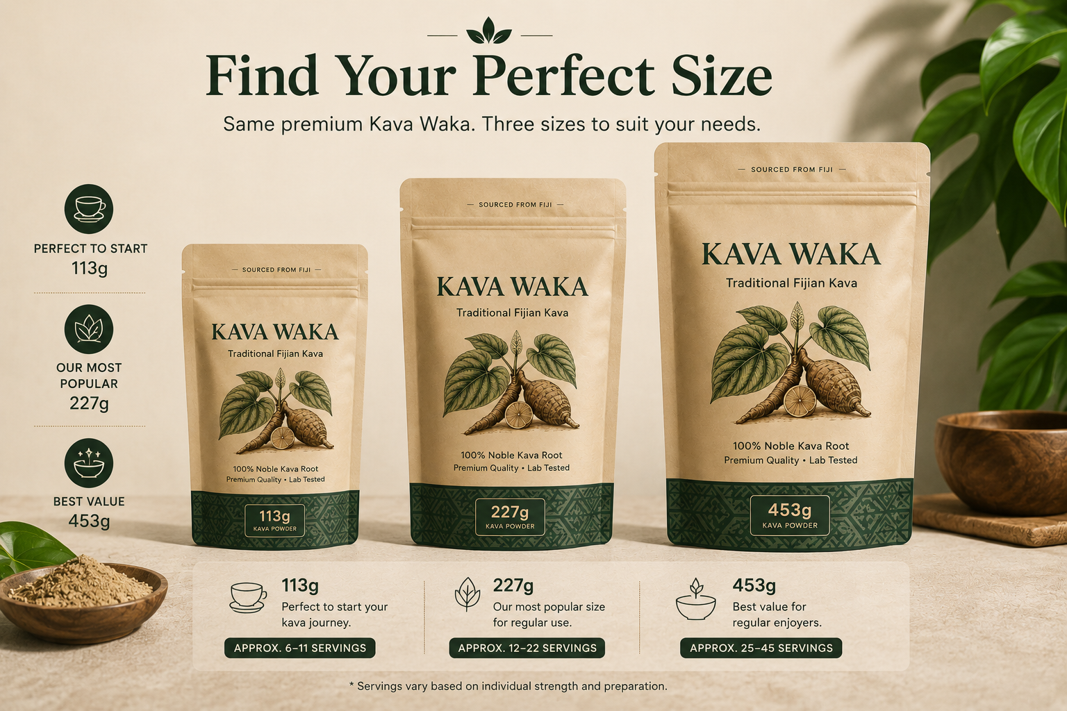 Kava Waka launch sizes: 113g starter, 227g bag, and 453g best value bag
