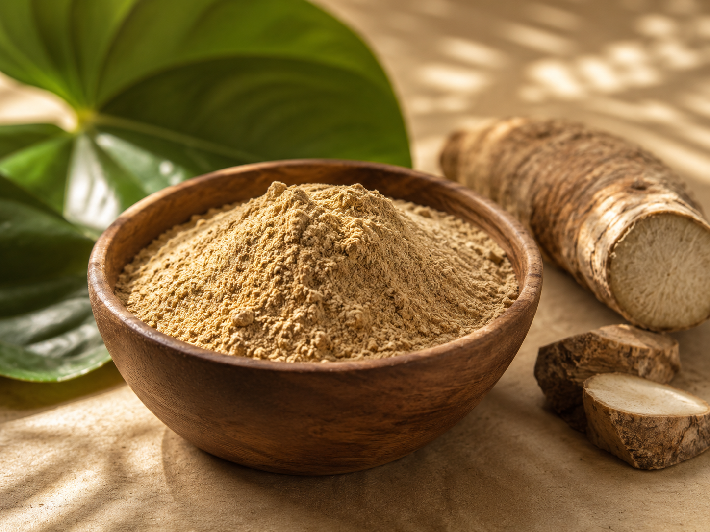 Bowl of kava powder with visible texture and kava root