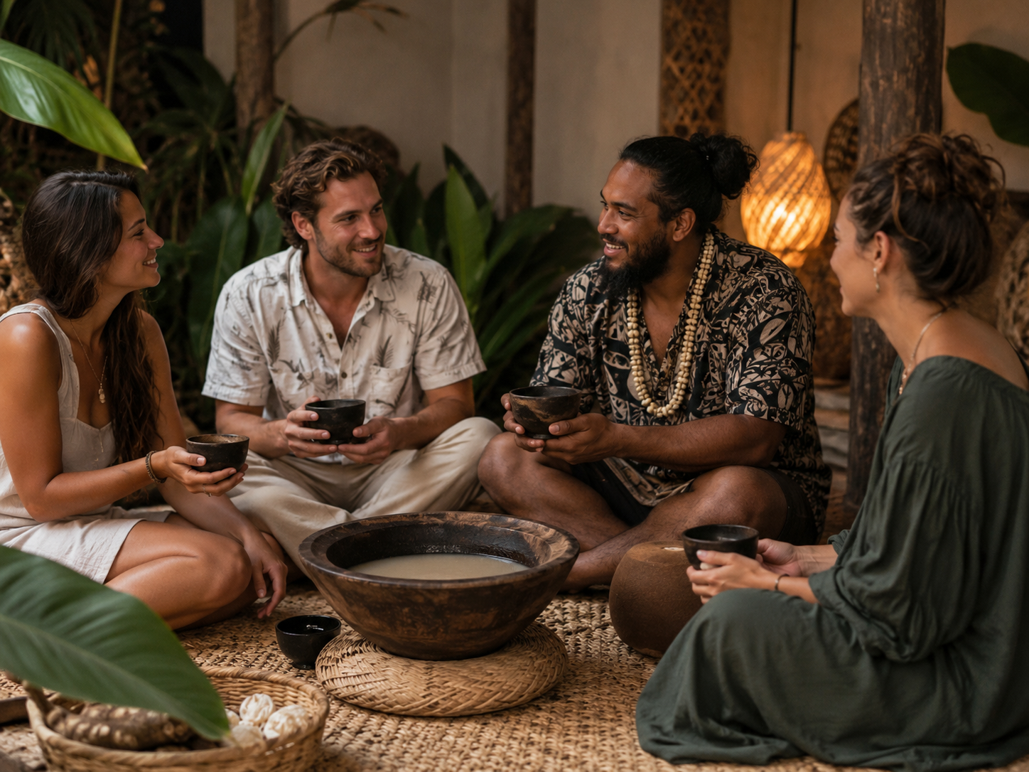 People gathered around a traditional kava bowl sharing kava
