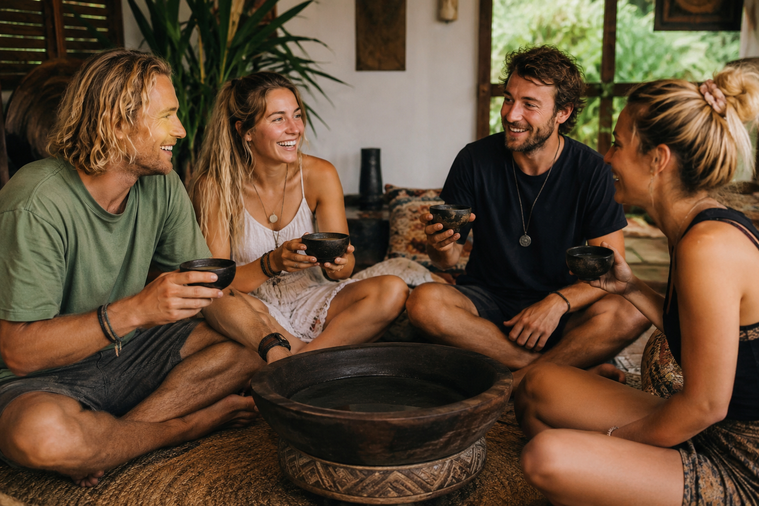 Friends sharing kava together in a relaxed social setting