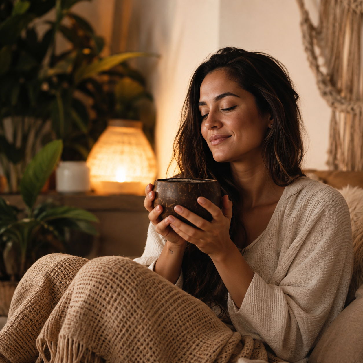 Person relaxing at home with a bowl of kava