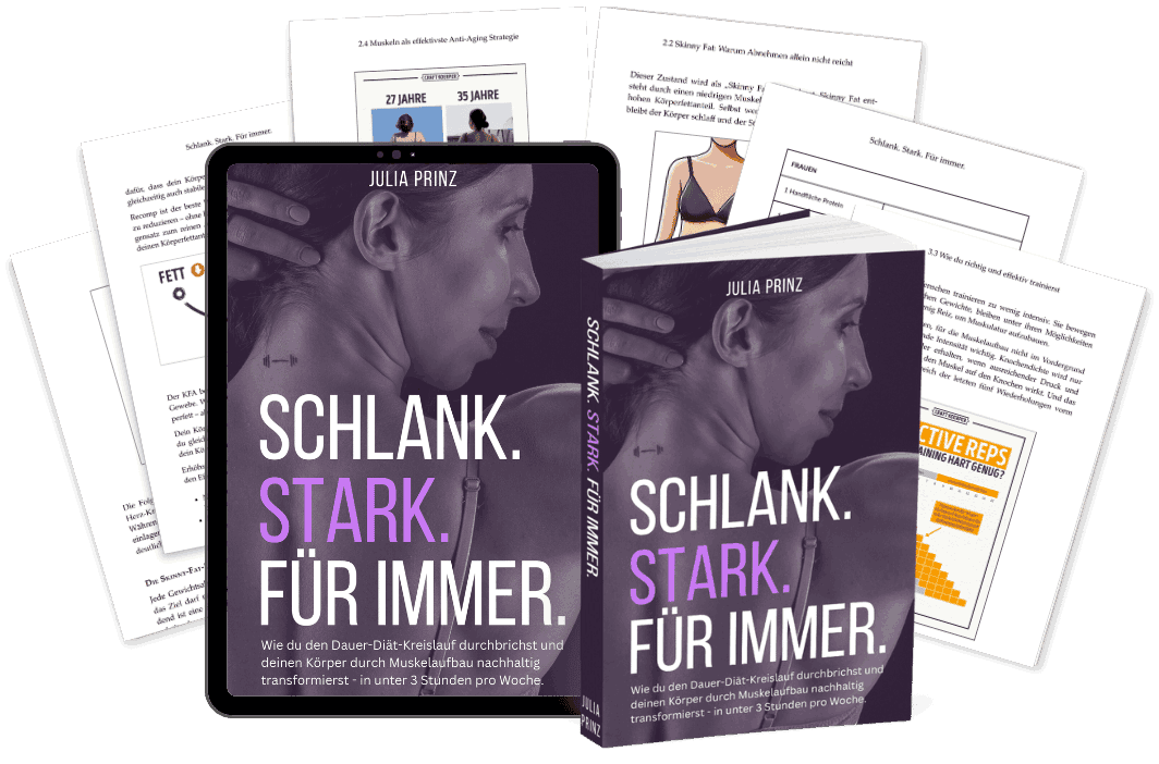 Das Buch Schlank Stark Für Immer - Print-Ausgabe, E-Book auf Tablet und aufgeschlagene Seiten
