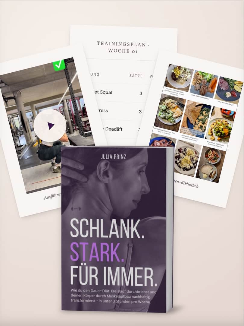 Buchinhalt: Buchcover, Trainingsplan, Ausführungsvideo, Mahlzeiten-Bibliothek