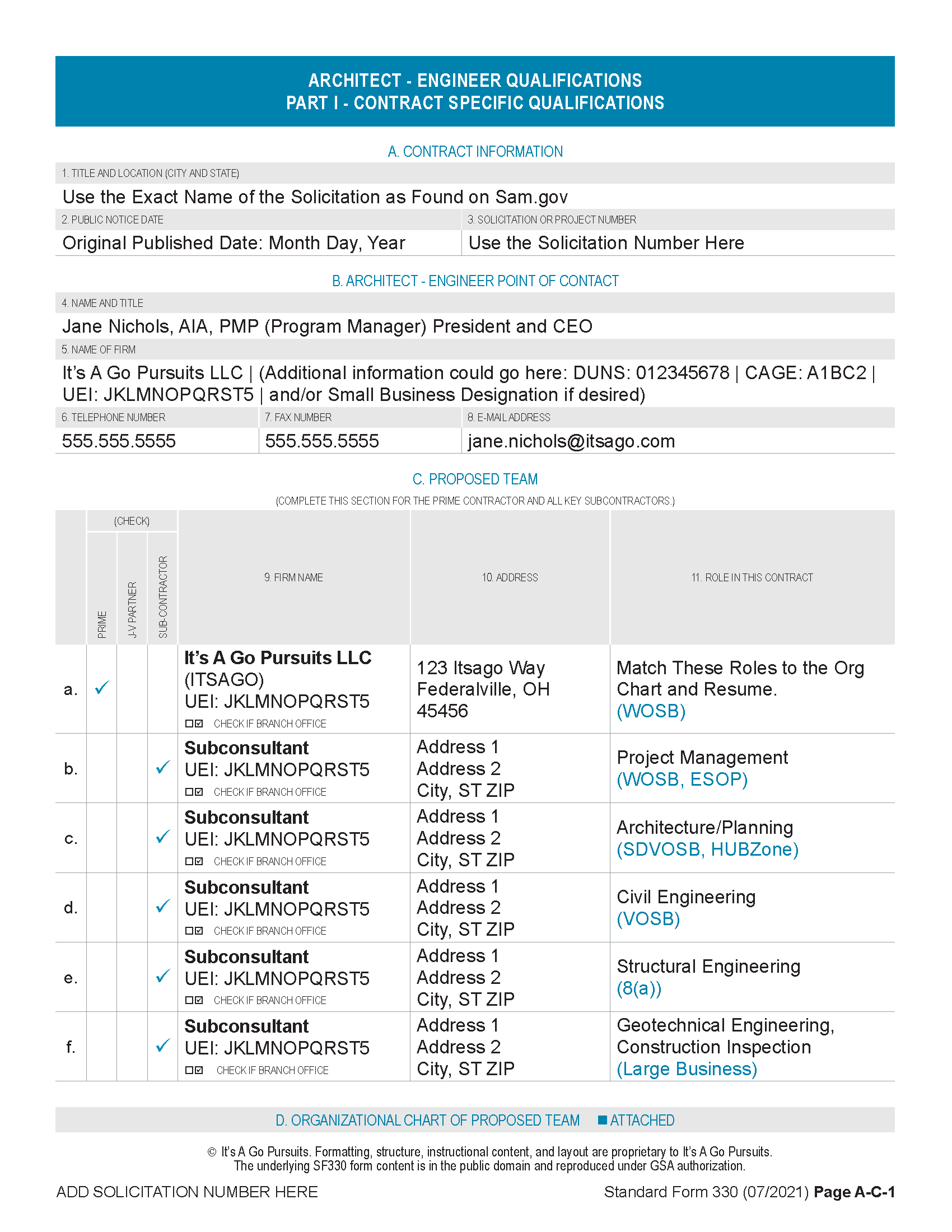 SF330 Part I contract information template page