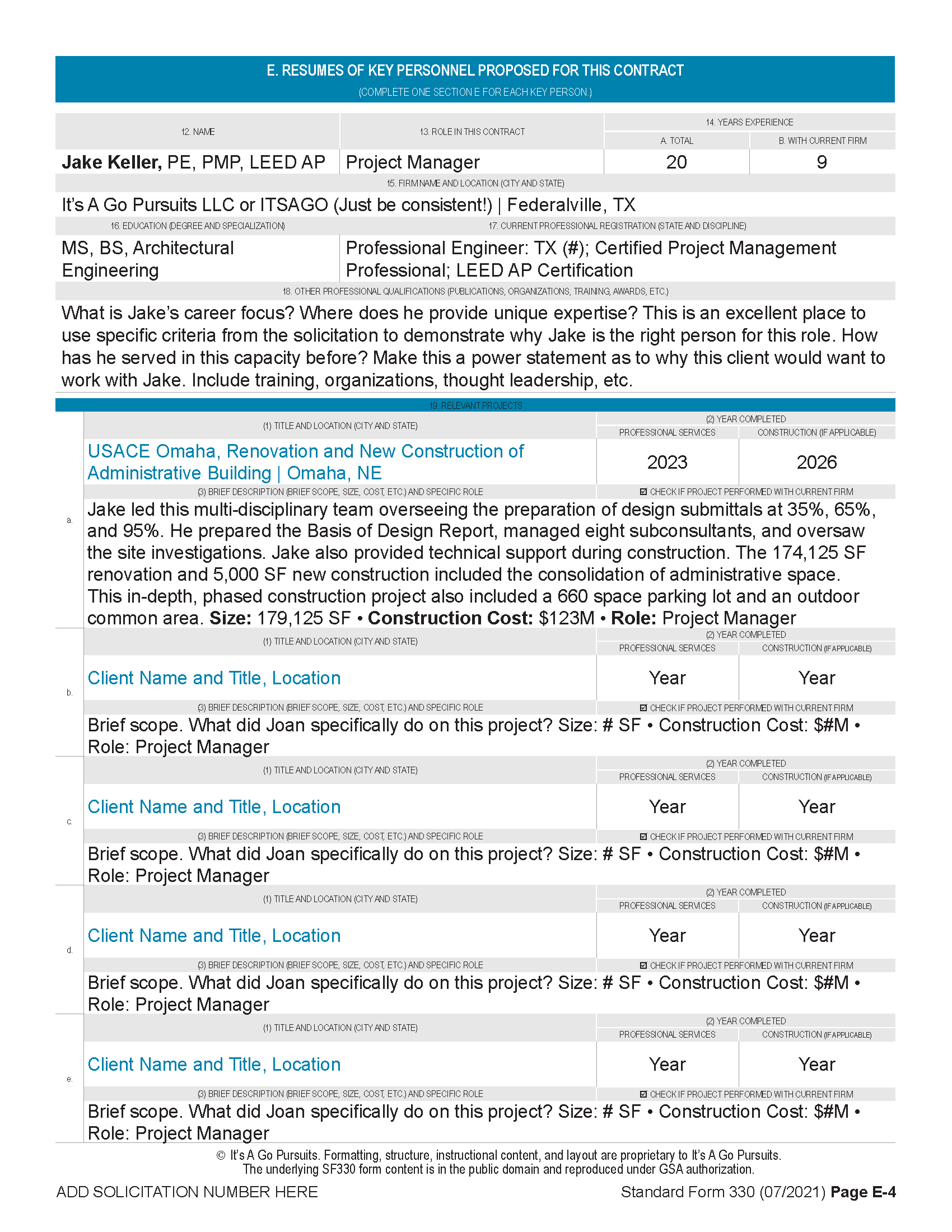SF330 Section E resume template page