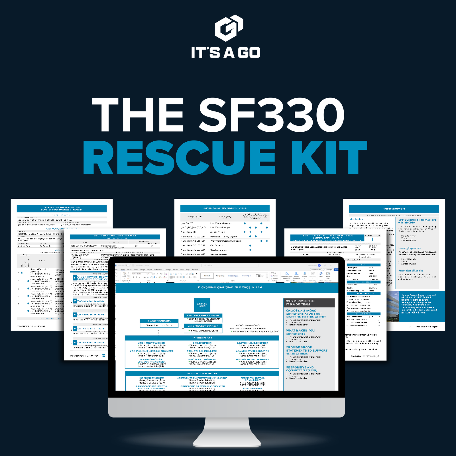 SF330 templates shown on a laptop screen with printed pages behind it
