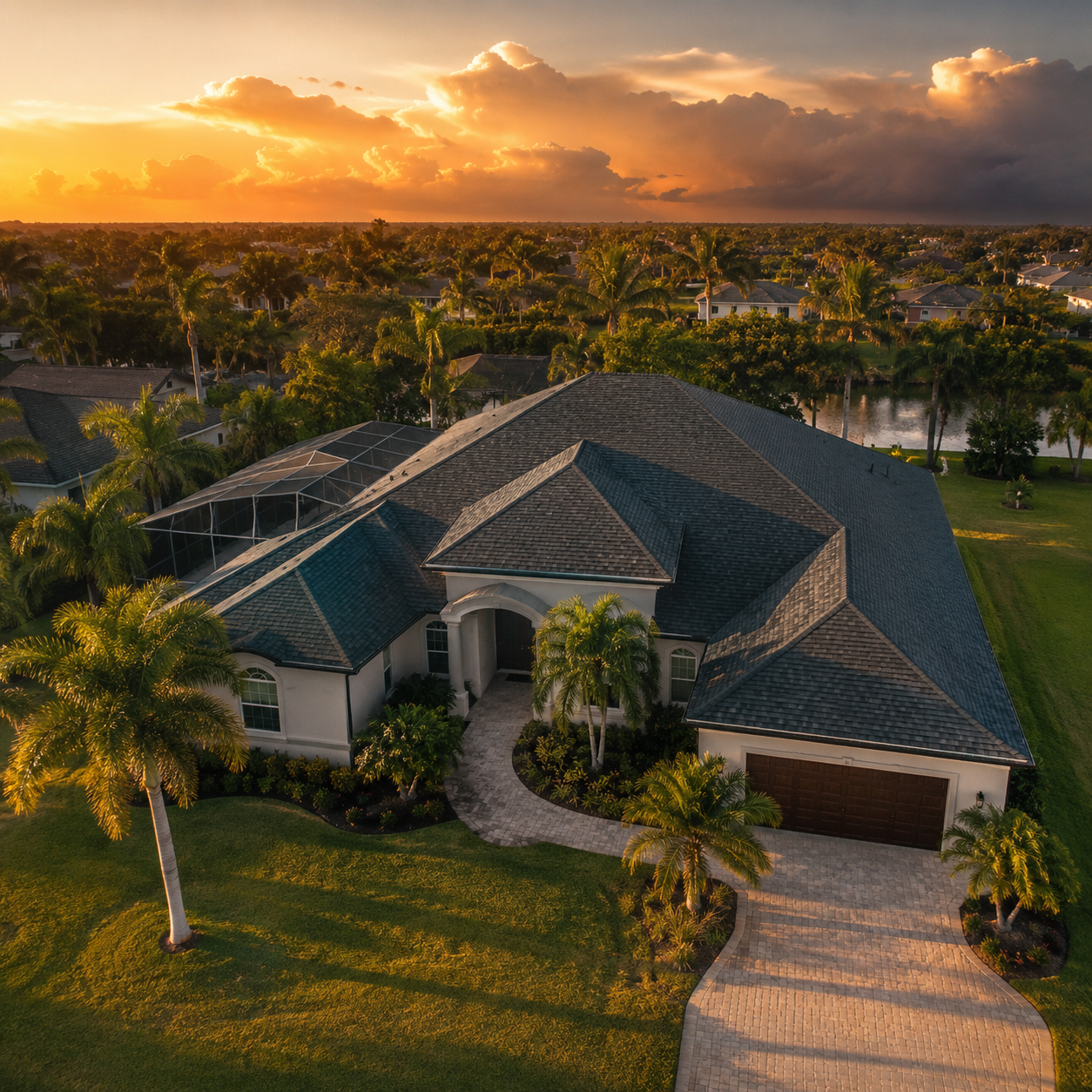 Finished Florida home with new roof at sunset