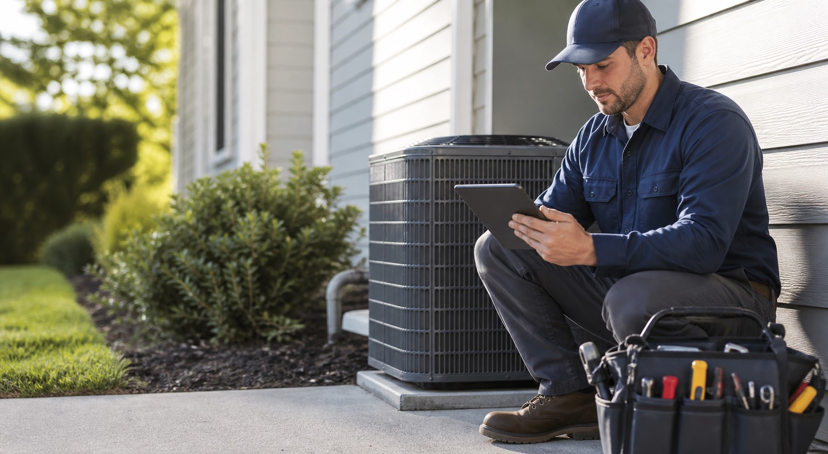 HVAC technician reviewing service scheduling and customer follow-up details