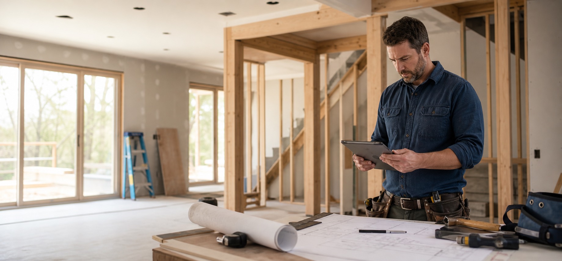 Contractor reviewing project messages and scheduling details on a tablet