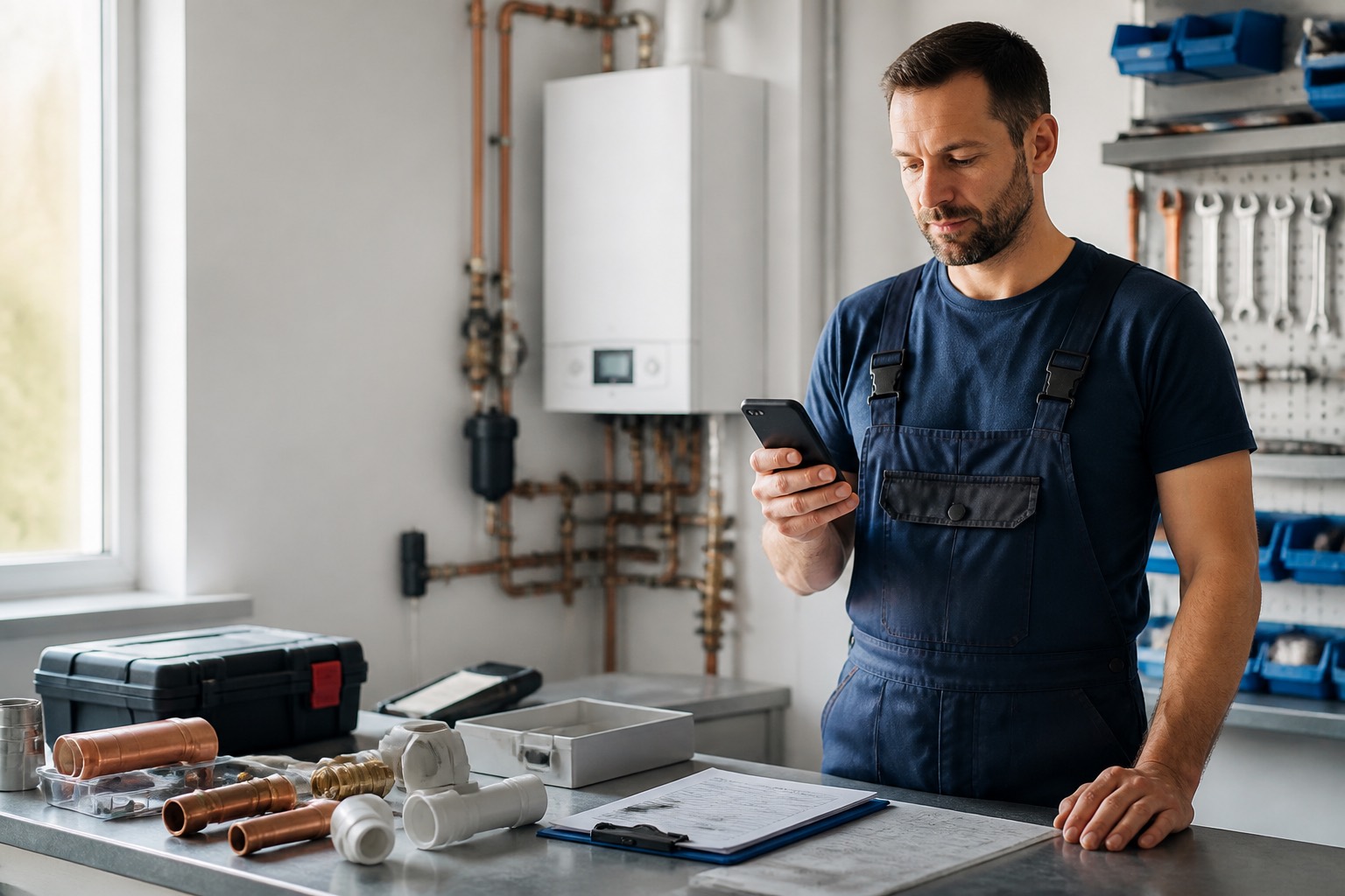 Plumbing business owner checking customer requests and appointment details