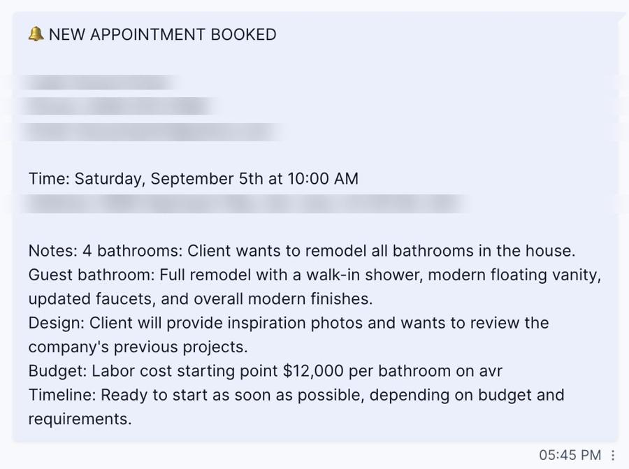 Booked estimate notification with project notes