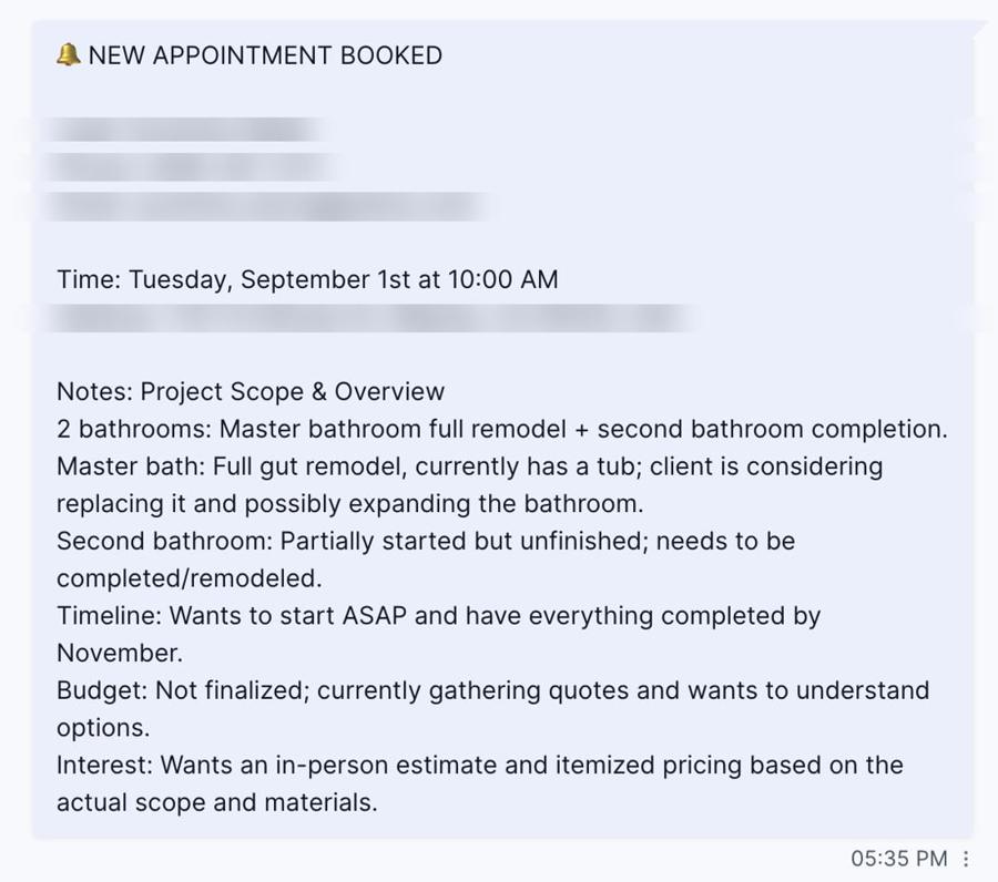 Booked estimate notification with project notes