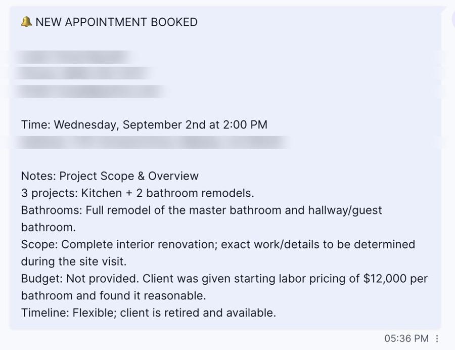 Booked estimate notification with project notes
