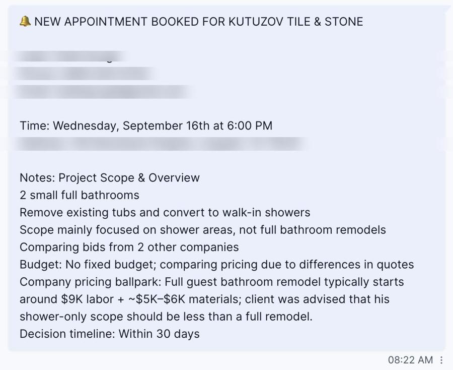 Booked estimate notification with project notes