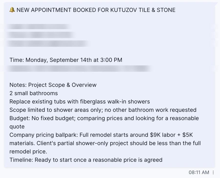 Booked estimate notification with project notes