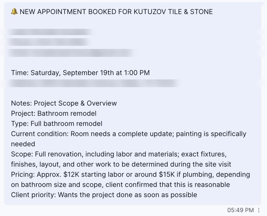 Booked estimate notification with project notes