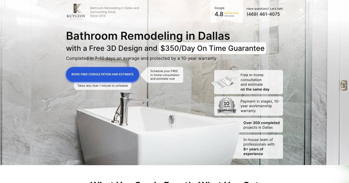 The bath remodel landing page we built for Kutuzov Tile and Stone