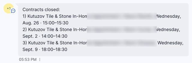 Message from Viktor listing three contracts closed from our estimates