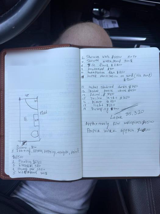 A handwritten bathroom estimate being worked out in the truck