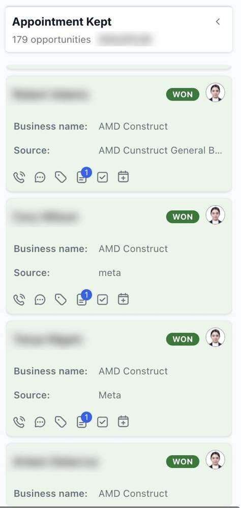 CRM pipeline stage showing 179 kept appointments for AMD Construct