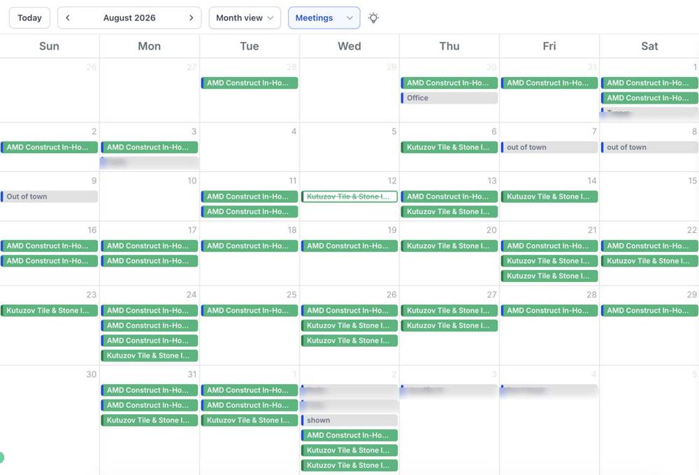 Estimate calendar for August 2026 with AMD Construct and Kutuzov appointments