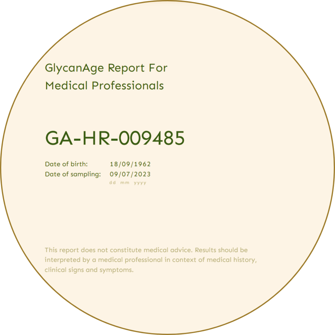 GlycanAge test report summary showing sample ID and patient birth/sampling dates.