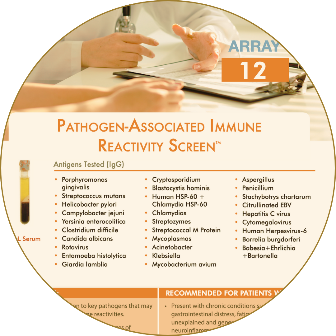 Pathogen immune reactivity test listing bacteria, viruses, and fungi assessed for immune response.