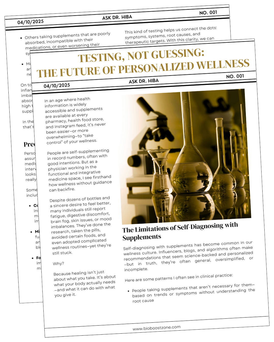 Newsletter titled “Testing, Not Guessing” discussing self-diagnosing supplements with lab glassware photo.