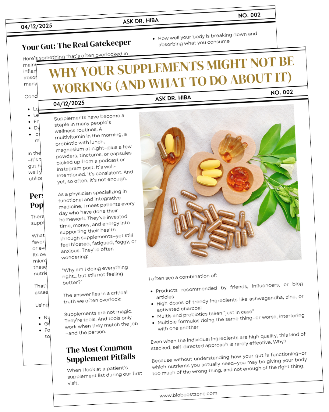 Newsletter titled “Why Your Supplements Might Not Be Working” with capsules displayed on a wooden plate.