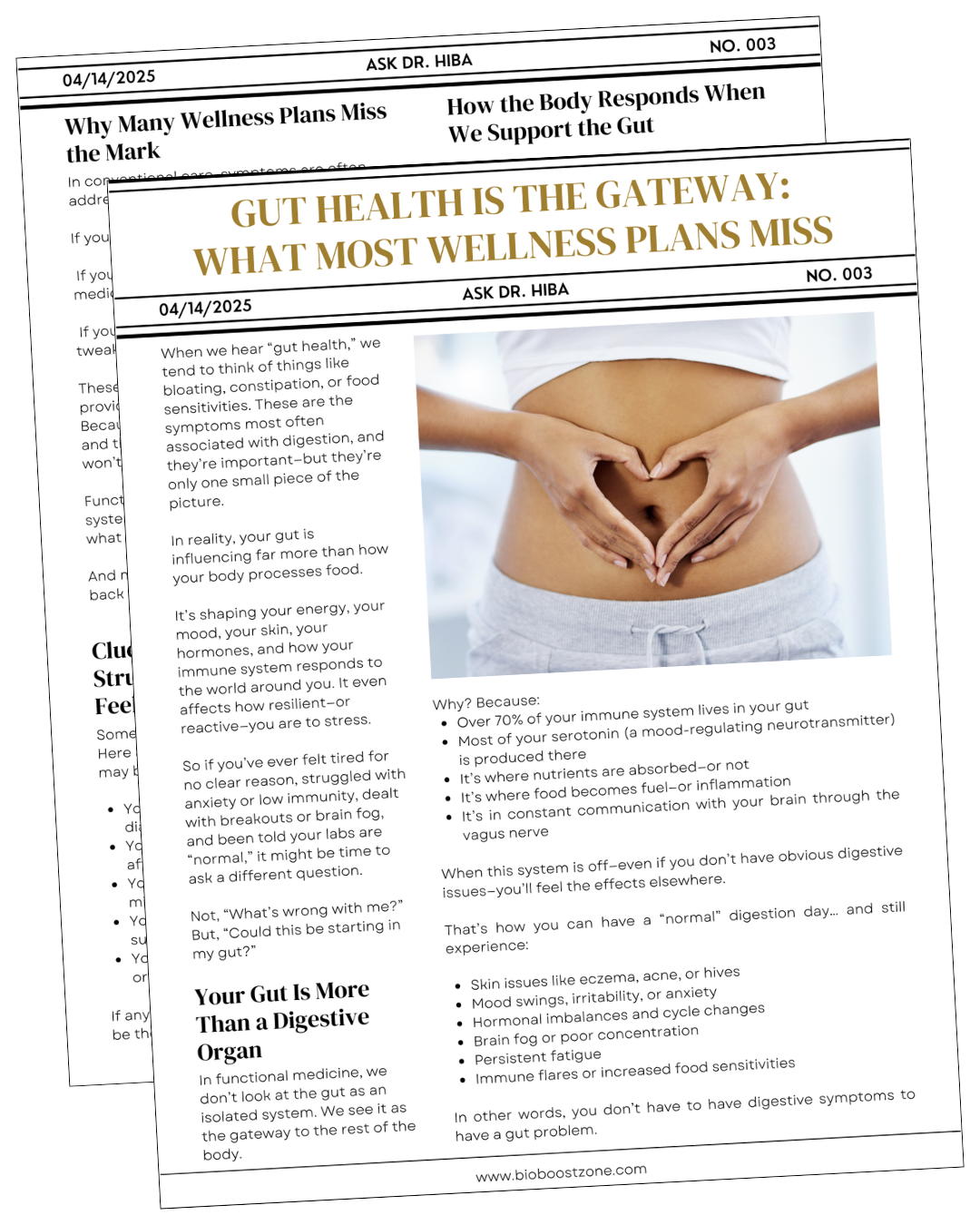 Newsletter titled “Gut Health Is the Gateway” featuring a woman making a heart shape over her stomach.