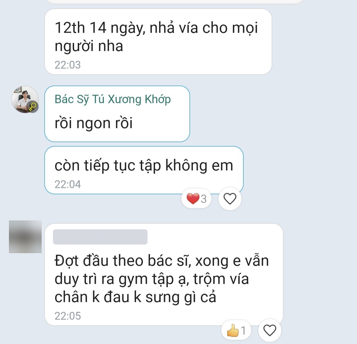 Tin nhắn học viên: vẫn duy trì ra gym, chân không đau không sưng