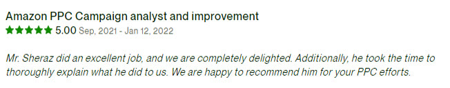 Client review screenshot: Amazon PPC campaign analysis and improvement
