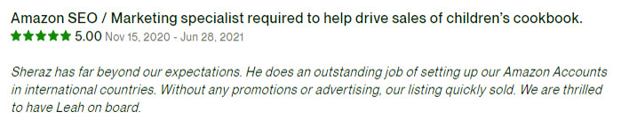 Client review screenshot: Amazon SEO and marketing specialist