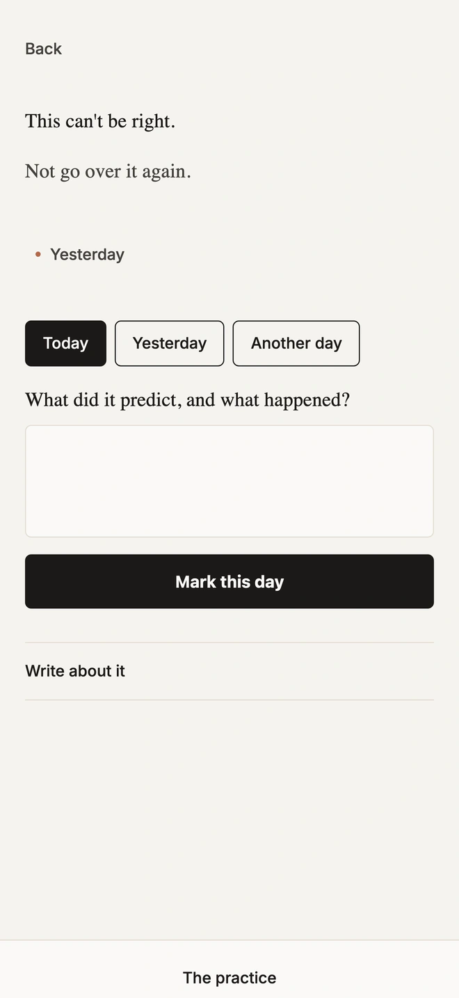 The allowing experiment: what it predicts, "This can't be right.", what you won't do, "Not go over it again.", the days, and the button "Mark this day".