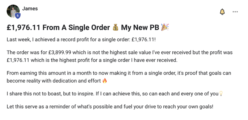 James, &pound;1,976.11 profit from a single order