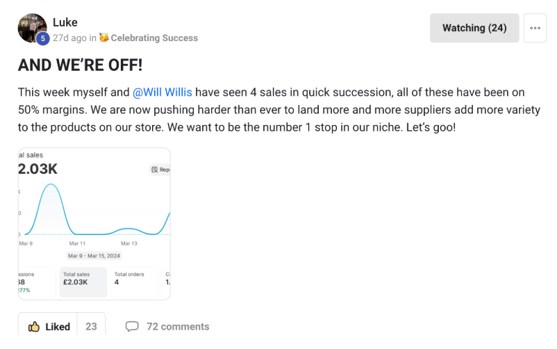 Luke Beale and Will Willis, 4 sales at 50% margins, &pound;2,030 in sales