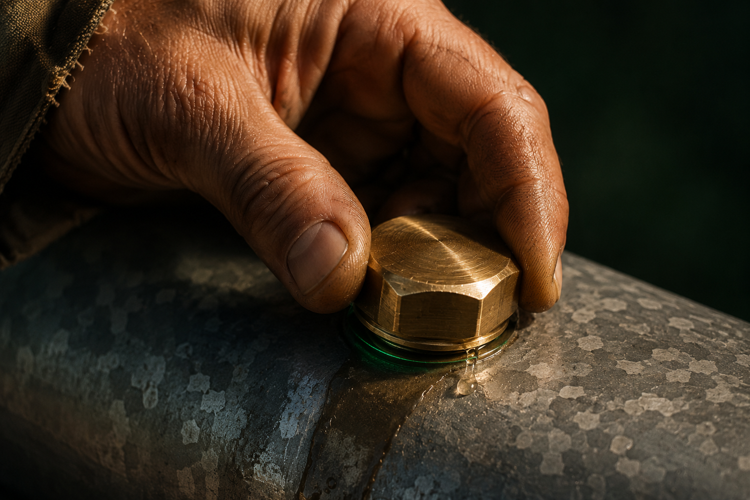A hand seating a brass plug into a hole, water stopped