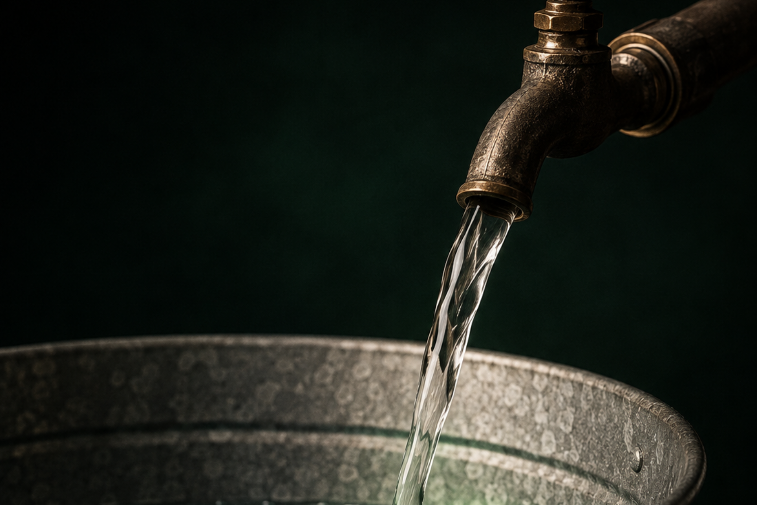 A tap opening above a sealed bucket, water rising