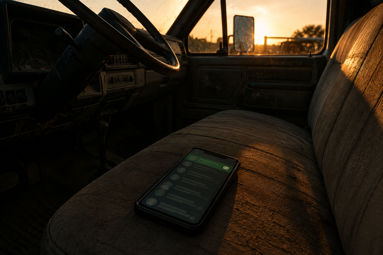 A phone face-up on a truck seat, one contact thread lit with a live reply