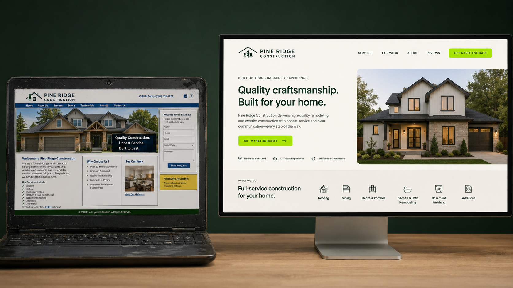 Website before and after: a dated site next to the rebuilt, conversion-focused version